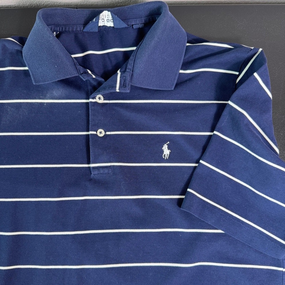 Polo Golf Ralph Lauren Mens Navy Blue Striped Pima Cotton Polo Shirt Size M